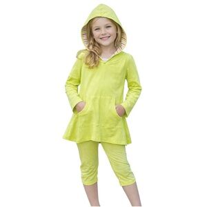 Kate Mack Lime Green Hooded long sleeve longline Top and matching Capri Leggings